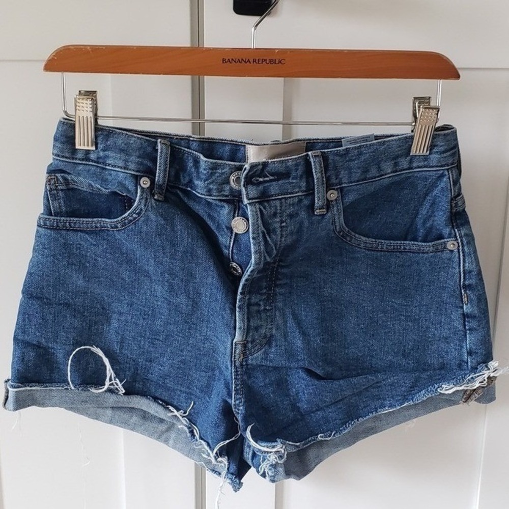 Everlane The Cheeky Short Womens 26 Blue Button Front High Waist Distressed